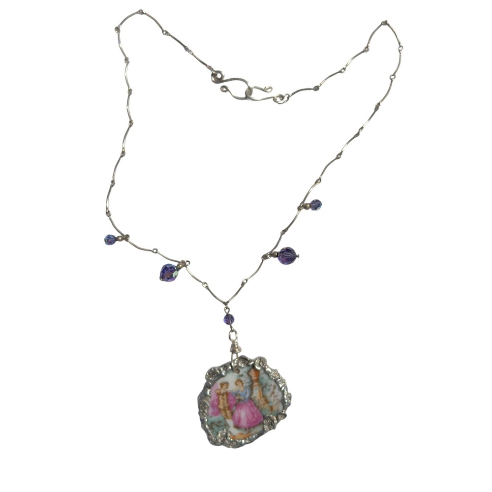Broken China Hand-Painted Porcelain Fragonard Cameo w/ Sterling Silver Necklace - Picture 10 of 10